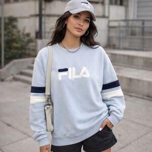 Fila Baby Blue Crewneck Sweatshirt | Women's XL | Logo Stripe Sleeves